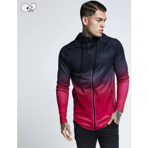 Men Zipper Cardigan Autumn Quick Dry Hooded Sweatshirt Running Hoodies Workout Training Jogger Clothes Gradient Gym Sport Jacket