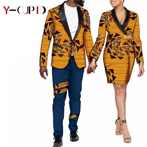 New African Clothes for Couple Women Formal Jackets Coats Dresses Matching Bazin Riche Men Suits Print Jacket Outfits Y21C018