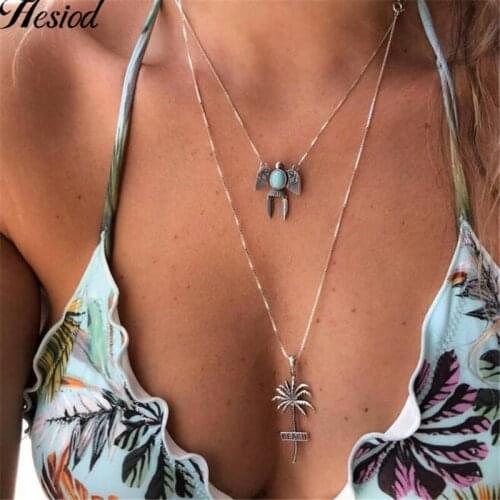Turquois Multilayer Coconut Palm Pendant Necklace New Fashion Silver Plated Color Party Charm Jewelry Accessories For Women