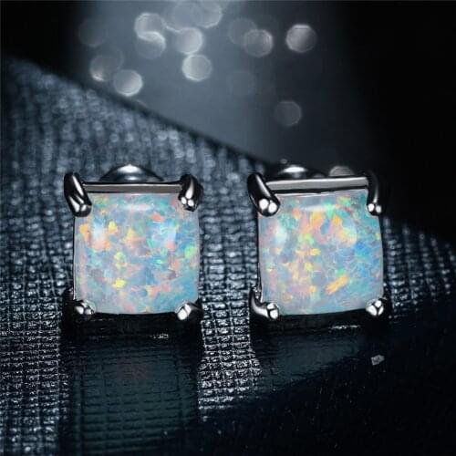 Vintage Silver Color Small Birthstone Earrings 7MM Square Stone Earrings White Fire Opal Stud Earrings For Women Wedding Jewelry