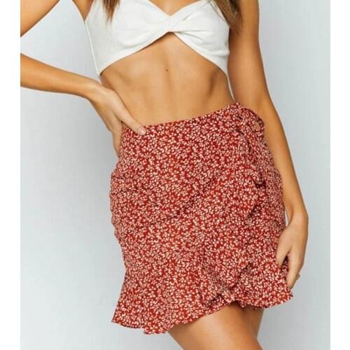 Womens Printed Short Skirt Summer Pleated High-Waist Ruffled Elastic Irregular Lace-Up