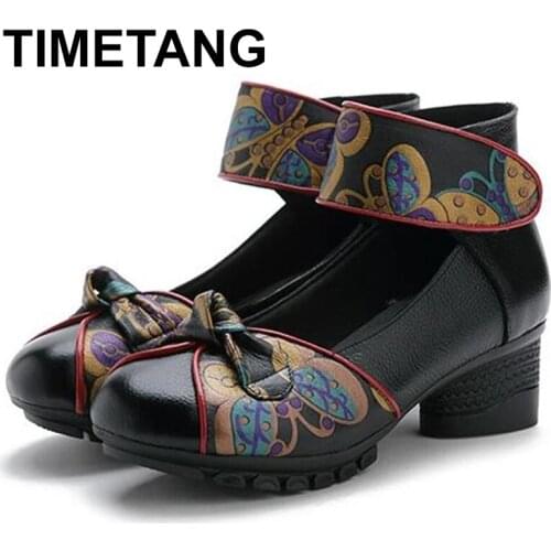 TIMETANG Spring Autumn Printing Genuine Leather Shoes Woman High Heel Shoes Soft Bottom Non-slip Women Shoes Dancing FashionShoe