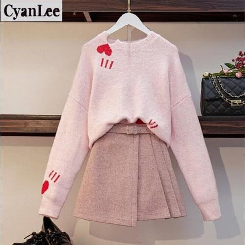 Women 2 Piece Set Korean Pink Sweater Woolen Skirts Suit Fall Winter Womens Love Heart Jacquard Sweater With Belt A-line Skirt