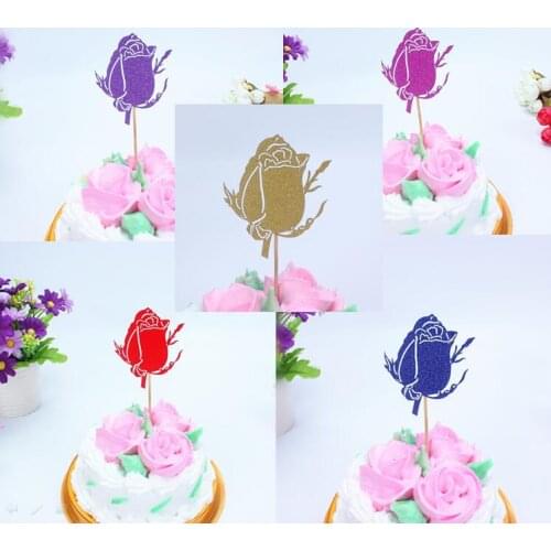 1pc Creative Rose Cake Flag Topper Single Stick Flags Multi Colors For Wedding Birthday Party Cake Baking Decor Supplies