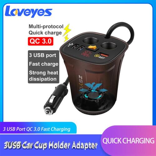3USB Car Power Adapter One To Three Multifunction Cigarette Lighter Splitter QC3.0 Quick Charge Charger Cup Holder Adapter BCR