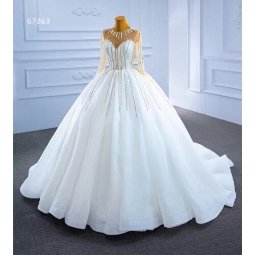 Custom Made White Pearls High Neck Long Sleeves Bride Dresses Wedding Dresses Princess Girl Wedding Gown