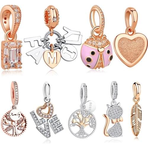 Rose Gold Dangle Charms 925 Sterling Silver Ladybug Family Tree Love Heart Crystal Beads Fit Charm Bracelet DIY Jewelry