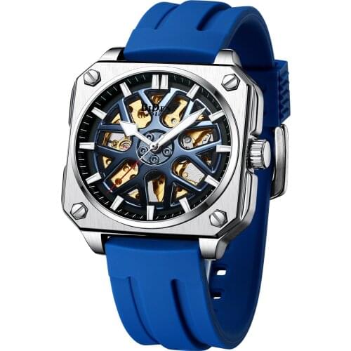 BIDEN Skeleton Mens Military Mechanical Watches 3bar Automatic Analog Watches For Men Luxury Outdoor Wristwatch Square Clock