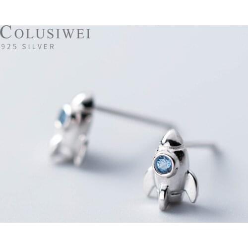 Colusiwei Real 925 Sterling Silver Cute Rockets Small Stud Earrings for Women Fashion Authentic Blue Cubic Zircon Silver Jewelry