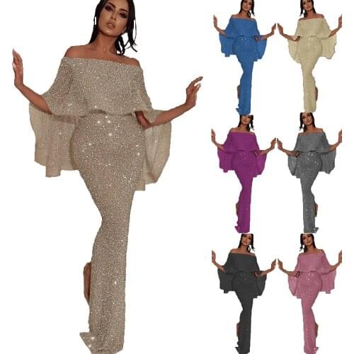 Sexy Women Off The Shoulder Ruffle Split Long Dress Solid Sequin Shiny Maxi Bodycon Dress Female Plain Stretchy Party Dresses