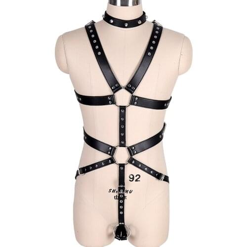 Men Leather Underwear Full Body Harness Bondage Sets BDSM Restraints Collar Fetish Sexy Punk Nightclub Stage Performance Costume