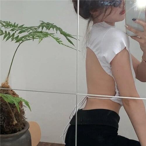 T-shirt women irregular O-neck sexy white short sleeve top Summer Clothing White Tees vintage clothes size backless short slim