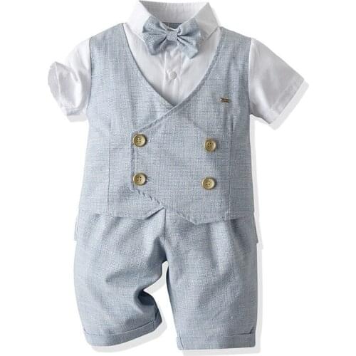 2 3 4 5 6 Y Toddler Boys Clothing Sets Summer New Baby Boy Gentleman Dress Suit Fake Two Plaid Tops Shorts 2pcs Set for Boy Kids