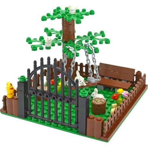 DIY Bricks Garden farm animal City MOC Accessories Chicken Rabbit Cat Swing Plant Flower Creator Building Blocks Toys for Kids