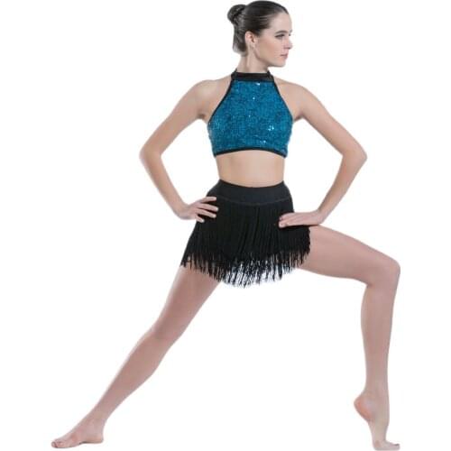 Sequin lace top bodice with black tassel skirt ballet dress contemporary dance costume ballet dress girl & women lyrical dress