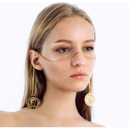 Fashion Luxury Gold Color Metal Link Chain Coin Cross Pendant Face Chain Jewelry Face Accessories for Women Lucky Gift