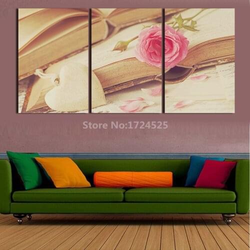 3 Panels Pink Flower Book Still Life Painting Modern Flower Wall Art Canvas Painting On Wall Home Decoration For Living Room