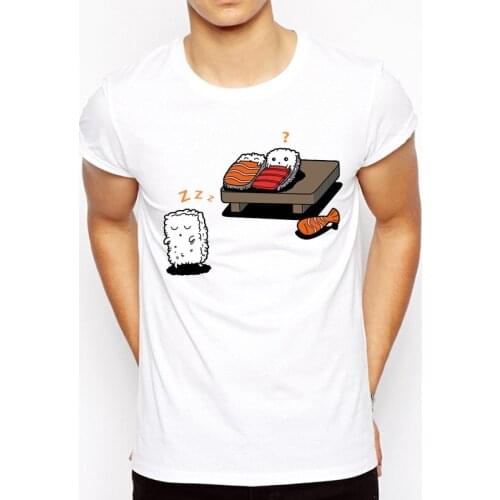 Newest Funny Sleeping Sushi Design Printed T-Shirt Fashion Cartoon Sleepwalking Sushi T Shirt Summer Mens Novelty Cool Tee Tops