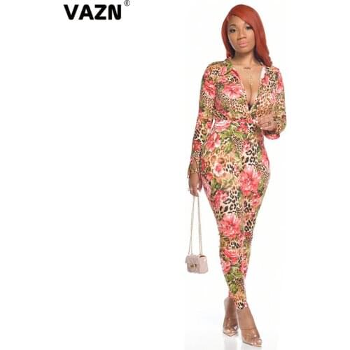 VAZN 2020 New Special Women Girl Summer Full Sleeve V-Neck Pencil Pants Casual Jumpsuits Floral Print Romper Jumpsuit Pants