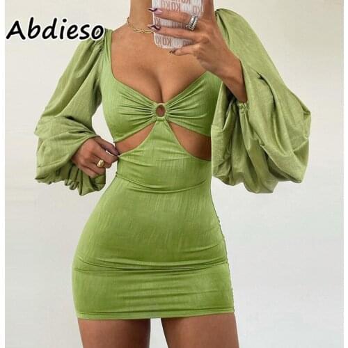 Abdieso Puff Sleeve Sexy Mini Club Party Dress Women Green 2021 V Neck Cut Out White Autumn Wrap Bodycon Dress Femme