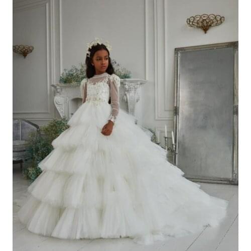 Luxury Handmade Flower Girl Dress for Wedding Lace Appliques Children Long Sleeves First Communion Dress