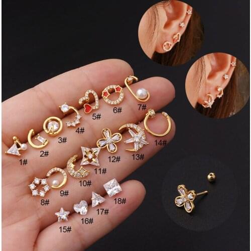 1Pc Stainless Steel Ear Piercing Earring Moon Heart Cz Cartilage Earring Helix Tragus Rook Lobe Screw Back Stud Earrings