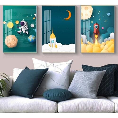 Modern Posters and Prints Cartoon Milky Way Rockets Astronauts Canvas Painting on The Wall Art Picture for Living Room Home Deco