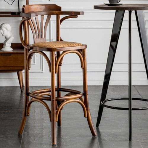 American Country Solid Wood Restaurant Bar Chair Creative Household Furniture High Bar Chairs Retro Cafe Rattan Back Armchair