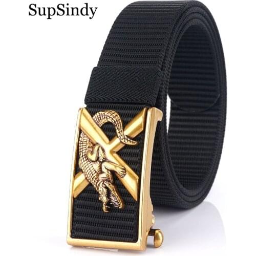 SupSindy Mans nylon belt luxury Crocodile metal automatic buckle Canvas Belts for men fashion jeans Waistband casual male strap