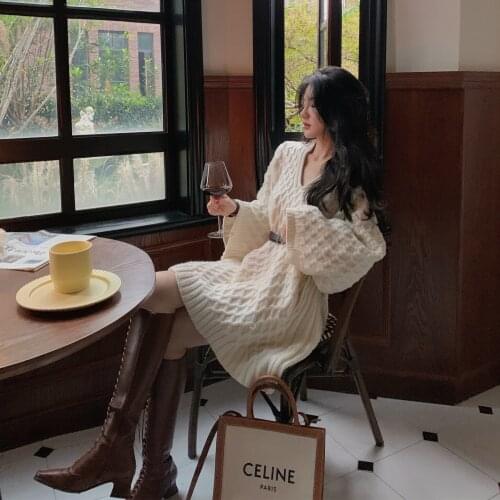 V-neck sweater spring womens clothing 2021 new Korean version loose lazy wind waist slimming mid-length dress
