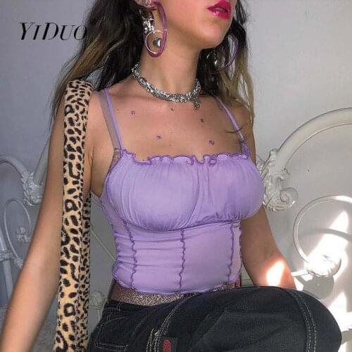 YiDuo Spaghetti Straps Slash Neck Sexy Crop Tops Ruffles Women Fahsion Tie Dye Print Cami Tops Streetwear Summer White Camisole