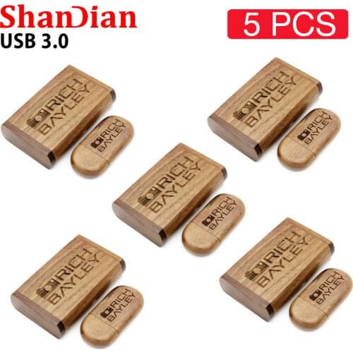 SHANDIAN 5PCS/LOT USB Flash Drives Wooden Box Pen drive Wood USB 3.0 Free custom logo 32GB 64GB Memory Stick for Gift 8GB 16GB