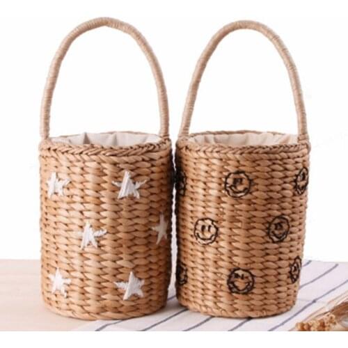 Portable buckets woven bags ethnic wind hand carry hand embroidered stars smile face straw bag summer vacation beach bag