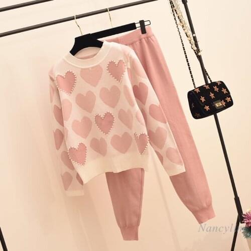Plus Size Knit Set 2020 New Womens Street Fashion Love Pattern Beaded Pull Sweater + Elastic High Waist Pants Two Piece Suit