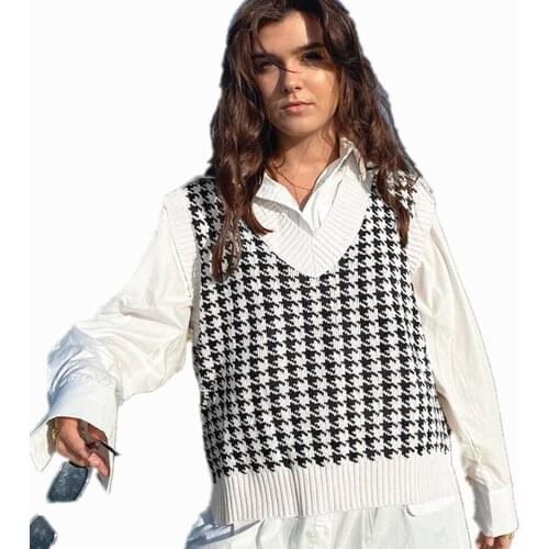 2021 Houndstooth Knitted Oversized Womens Sweater Vest Vintage Preppy Style Clothes V Neck Casual Loose 90s Knitwear Tops