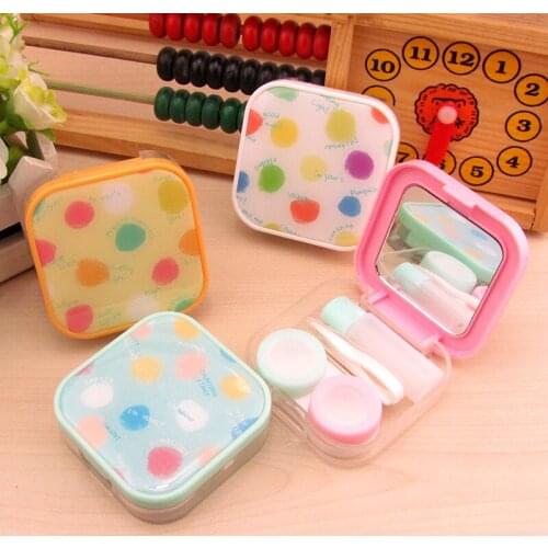 5pcs New style lovely beautiful Girls heart fashion Candy color dot pattern contact lens case square Nursing box Color random