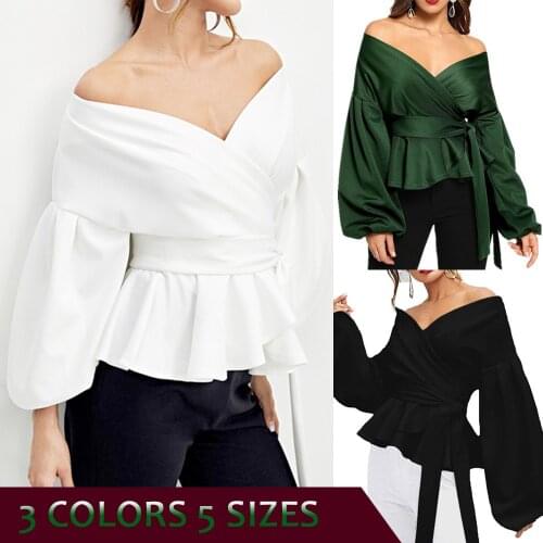 Womens Strapless Slash Neck Shirts Lantern Sleeve Long Sleeve Top Ruffled Skirt Waist Shirt Lady Shirts Plus Size Tops