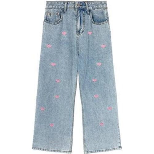 Ins Retro Love Embroidery Jeans Womens Straight Wide-leg Pants Loose High Waist Slim Nine-point Pants
