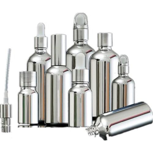 5ML 30ML 100ML Silver Glass Essential Oil Dropper Bottle Cosmetic Packaging Serum Lotion Pump Spray Atomizer Vial 15pcs