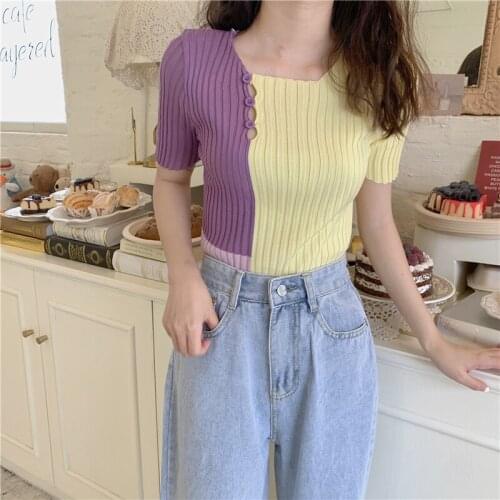 Short-sleeved T-shirt Womens Summer Square-neck Slim Thin Color Block All-match Knitted Ice Silk Top