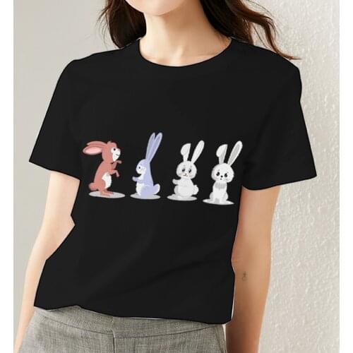 T-Shirt Womens Black Print Tops Summer Classic O-neck Short Sleeve Harajuku Cartoon Animal Graphic Series Tee Female Clothes