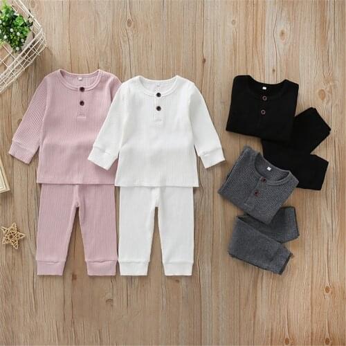 2Pcs Fall Winter Newborn Baby Clothes Set Ribbed Cotton Casual Long Sleeve Tops+Pants Trousers Toddler Solid Outfits Sleepwear