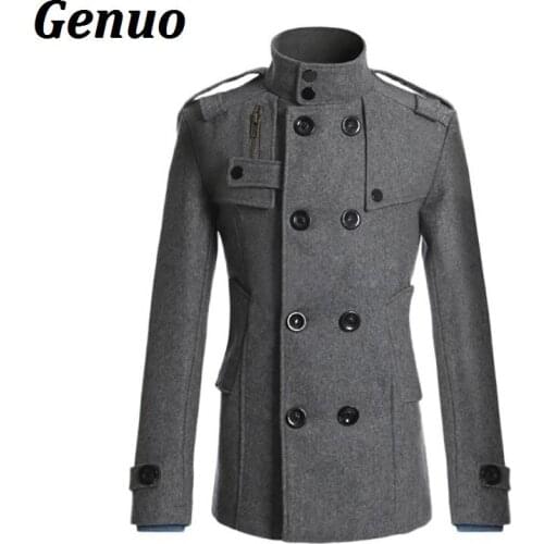 Fashion Mandarin Collar Double Breasted Male Jacket Autumn Winter Wool Blends Coat Men Thick Warm Overcoats with Pockets Genuo