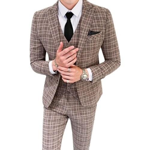 Mens Suits Slim 2021 Mens Groom Wedding Dress Plaid Formal Suits Set Men Fashion Casual Business Suit 3 Piece Suits Men