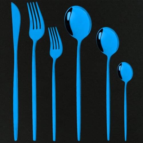 6pcs/set Blue Dinnerware Set Stainless Steel Gold Cutlery Dinner Set Knife Fork Spoon Silverware Flatware Kitchen Tableware Set