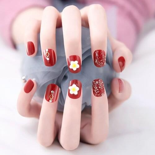 Fake Nails Short Wine Red Flower Nail Stickers Finished Nail Stickers 24 Pcs Nail Stickers With Glue Nails Accesorios