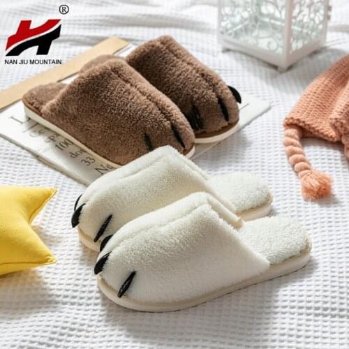 NAN JIU MOUNTAIN Bear Paw Cotton Slippers Women Plush Keeps Warm Couple Home Slippers Anti Slip Silent Flat Cartoon Slippers