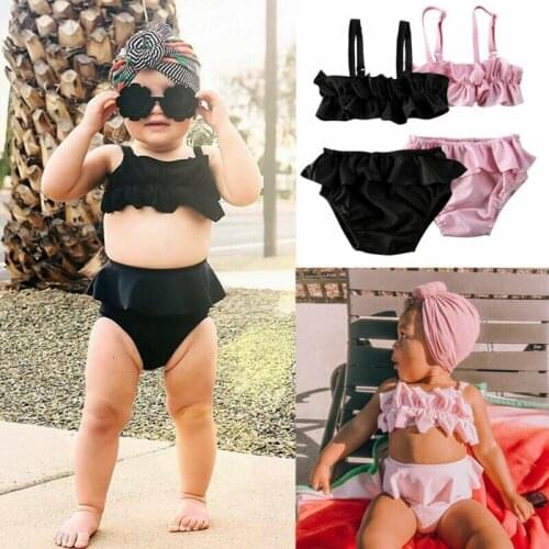 New Baby Girl Summer Swimsuit Strap Ruffle Swimwear Layered Shorts Bikini Set Beach Wear 2Pcs Solid Color Baby Swimsuit