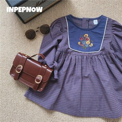 INPEPNOW New Autumn Vintage Flower Girls Dress 2021 embroidery Plaid Floral Lolita Sundress for Girl Dresses Kids Clothes LYQ101