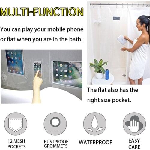 IPad Mount Clear Shower Curtain Liner Tablet or Phone Holder Waterproof 8 Gauge EVA 72x72 Bathroom